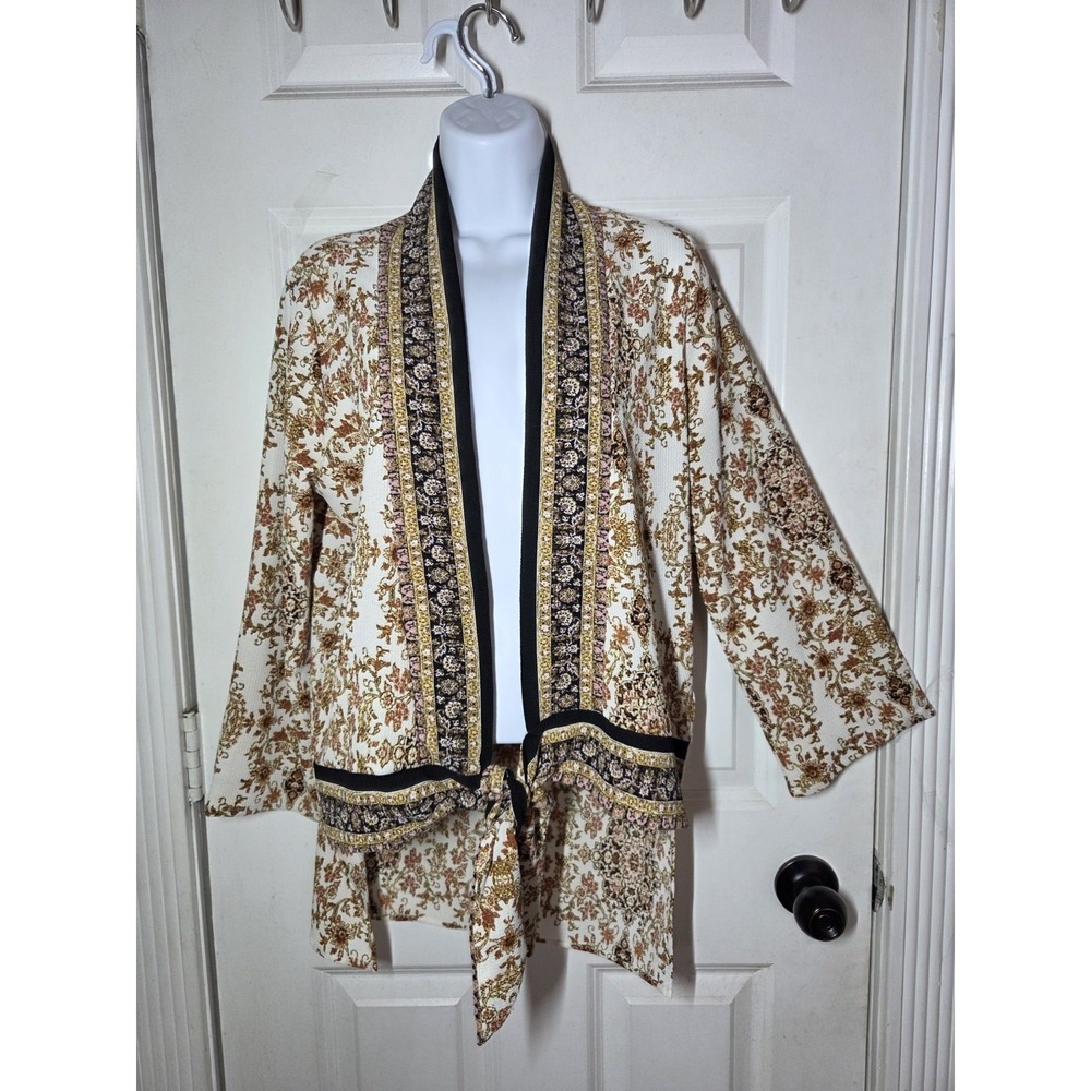 Willow & Root Open Cardigan Top Long Sleeve Top Brown Black Waist Tie Stretchy M